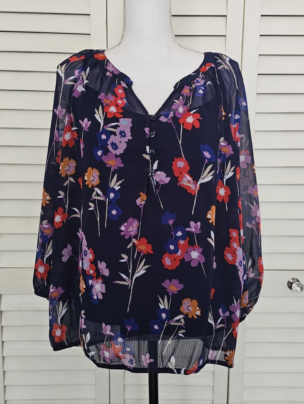 Liz Claiborne Sheer Navy Floral Top Cami Set Size L V Neck 3/4 Sleeves